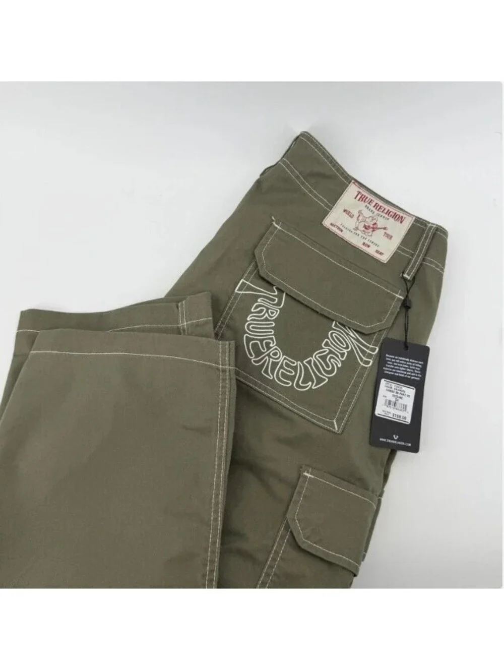True Religion Kalamata Green Cargo Pant White Stitch Warped Horseshoe NWT Men 36